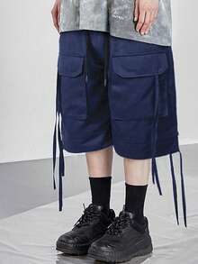 Manfinity Roghcode Men Loose Fit Flap Pocket Drawstring Waist Cargo Shorts - Navy Blue - View 3