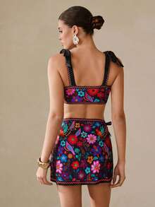 Swim Oasis Women's Summer Vacation Multicolor Floral Print Tied Crop Top, Bikini Shorts 3-Piece Swimwear Set, Beach Outfit - Multicolor - View 7