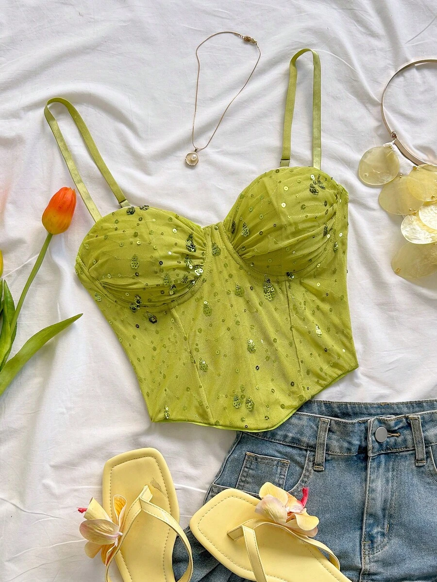 Soleia 浪漫复古碎花网纱吊带背心，适合假日、约会、下午茶、度假、音乐节、波西米亚风、春夏穿着。 - 綠色 - 查看 1