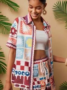 Travachic Tropical Print Button Front Short Sleeve Shirt & Shorts 2 Pieces Set,Beige Summer Boho Vacation Holiday,Spring Break Outfits,Beach Wedding Guest Dress - Multicolor - View 5