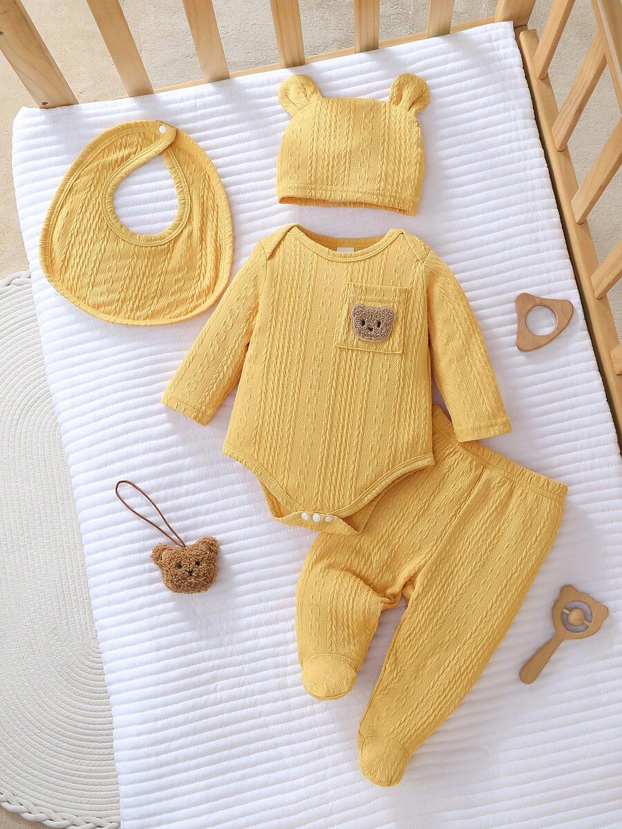 新生儿长袖连体衣、裤子、帽子和围兜四件套，可爱针织提花面料家居服 - 黃色 - 查看 1