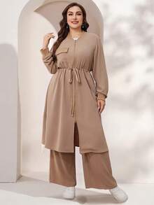 Lacomfia 女士休闲罗纹领抽绳腰带工装风长袖上衣和阔腿裤两件套，百搭简约，大码尺码 - 卡其色 - 查看 8