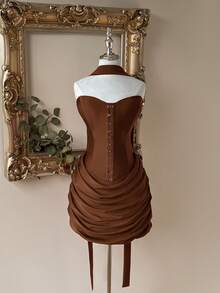 Lovelzi 优雅法式棕色针织甜心领金属扣腰褶裥拉链半身裙，适合多种场合——女士派对礼服、网红连衣裙 - 咖啡棕 - 查看 6