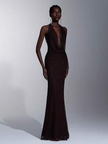 Elitara Elegant Sexy Backless Sequins Embroidered Plunging Neckline Mermaid Hem Dress, Suitable For Festivals, Weddings, Galas, Concerts, Business Events, And Social Media Influencer Activities - Coffee Brown - View 1