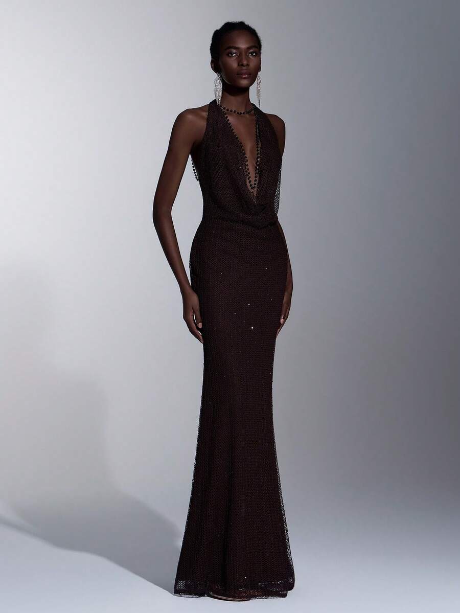 Elitara Elegant Sexy Backless Sequins Embroidered Plunging Neckline Mermaid Hem Dress, Suitable For Festivals, Weddings, Galas, Concerts, Business Events, And Social Media Influencer Activities - Coffee Brown - View 1