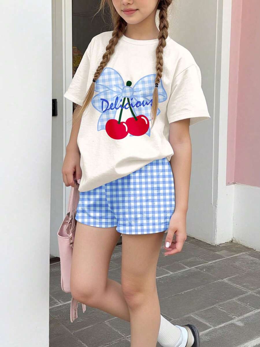 两件套可爱迷你蓝色格子樱桃印花少女休闲圆领短袖T恤和短裤套装，适合夏季度假 - 彩色 - 查看 1