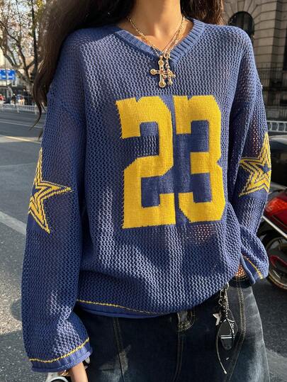 Coolane Women's & Men's Spring/Summer Streetwear Vintage Going Out Number Pattern Graphics Star Pattern Navy Blue V-Neck Sweater Summer Holiday Outfits Casual Outfit For Women Summer Outfits For Women