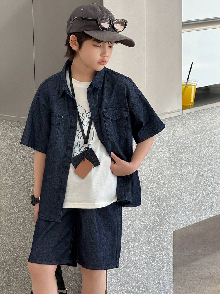 Tween Boy Single-Breasted Pocket Shirt And Loose Casual Denim Shorts Set