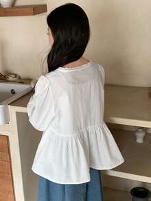 DAZY 少女休闲纯色泡泡袖长袖上衣 - 白色 - 查看 7