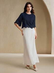 Anewsta 春夏新款休闲复古重工刺绣镂空薄纱圆领短袖水钻装饰女式上衣 - 藏蓝色 - 查看 6