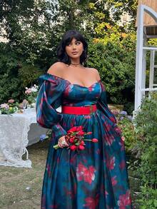 Lyrianda 大码优雅复古欧根纱数码印花泡泡袖A字连衣裙 - 彩色 - 查看 4