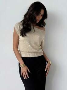 Firerie Women's Sequin Knit Asymmetric-Shoulder Sweater Top, Sexy Party Vibe Knit Blouse, Sequin Top, Risque Knit Top, Semi-Sheer Knit Sweater Top, Minimalist Women's Knit Sweater Top, Spring/Summer/Autumn Clothing, Elegant, Commute, Date, Party, Music Festival, Concert, Work Attire, Back To School, Annual Party, Women's Birthday Outfit - Apricot - View 2