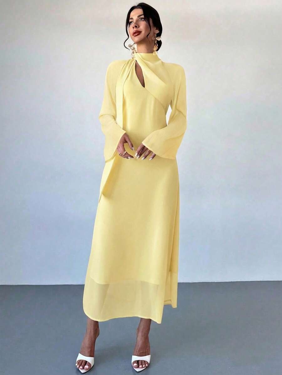 Firerie Vestido elegante para mujer de vacaciones y uso diario casual, manga larga asimétrica, cuello con lazo, cintura calada, corte ajustado y acampanado, amarillo pálido, verano, invitada de boda - amarillo ganso - Ver 1