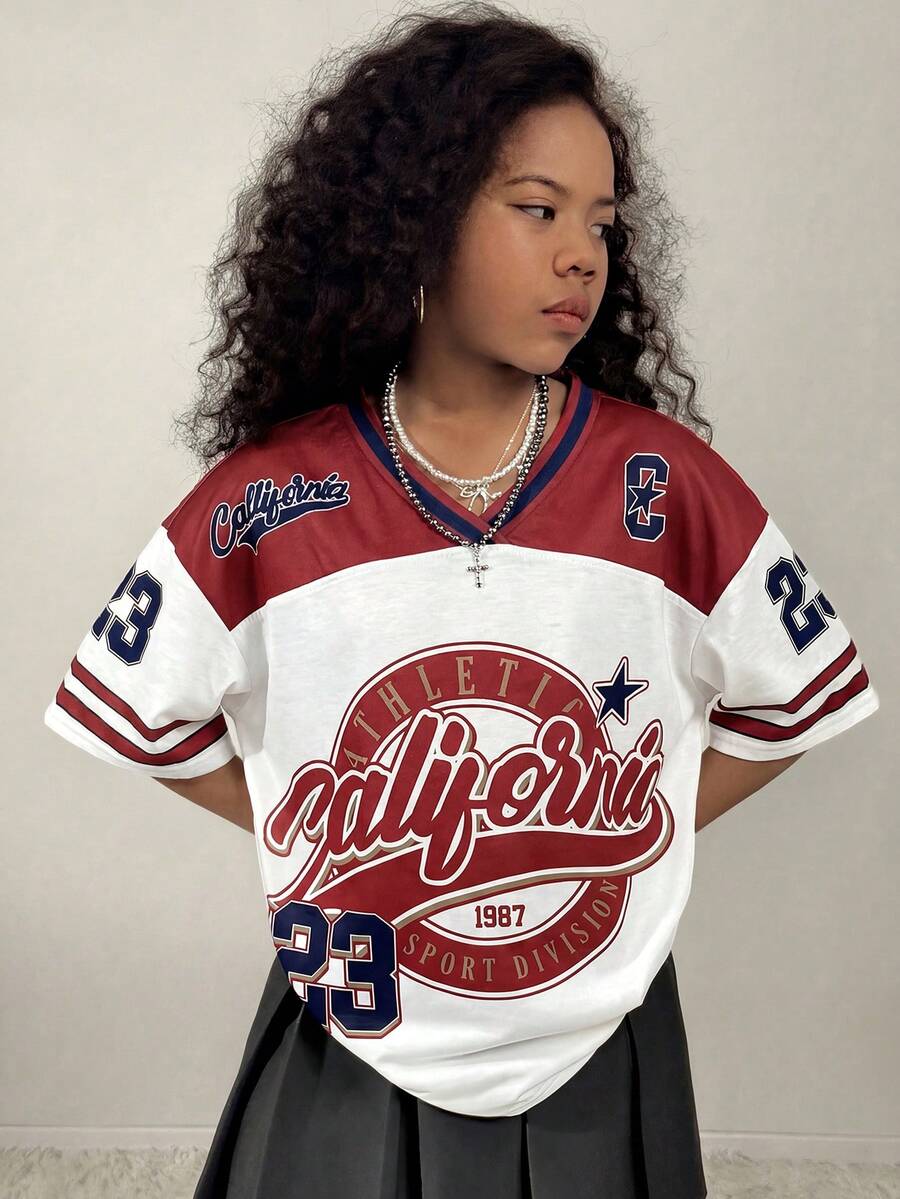 Coolane Kids Camiseta de manga corta con cuello en V y estampado digital, de corte holgado para niñas preadolescentes - Multicolor - Ver 1