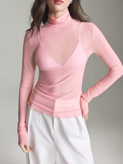 Ontre Women's Sheer Mesh High Neck Long Sleeve Blouse, Versatile For Urban Commute, Business Casual, Elegant For Dates, Weddings, Vacations