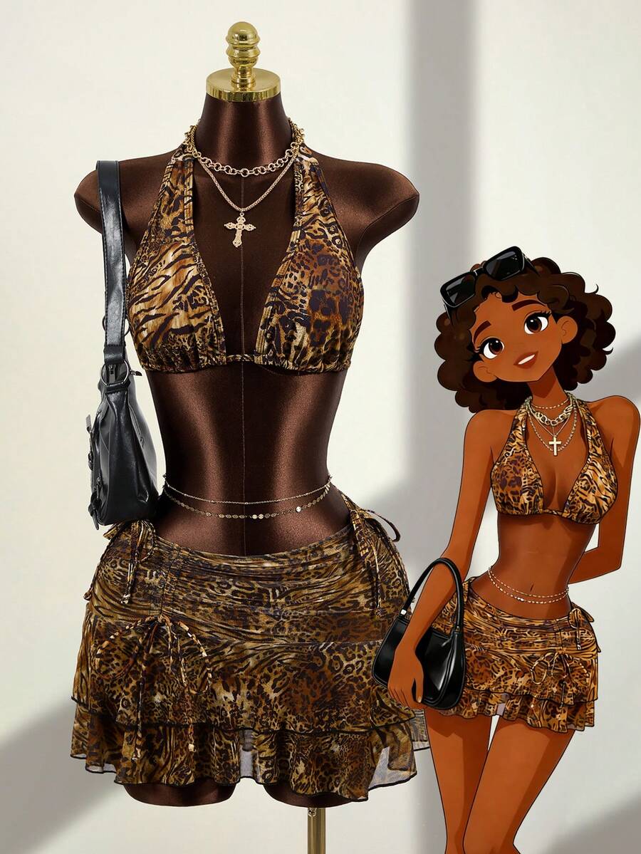 Zestiva 女士豹纹三角罩杯挂脖系带高衩褶皱网纱荷叶边下摆三件套吊带泳衣套装 - 彩色 - 查看 1