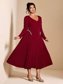 Cravure 大码女式优雅亮片串珠荷叶边泡泡袖V领纯色中长连衣裙，适合夜店/商务休闲/派对/春季穿着，优雅正式女装，晚礼服，性感红色连衣裙，浪漫连衣裙 - 酒紅色 - 查看 5