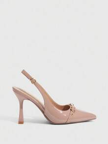 CUCCOO SZL 女士尖头细高跟杏色搭扣露跟高跟鞋，简约时尚性感通勤女鞋 - 鏡面杏 - 查看 3