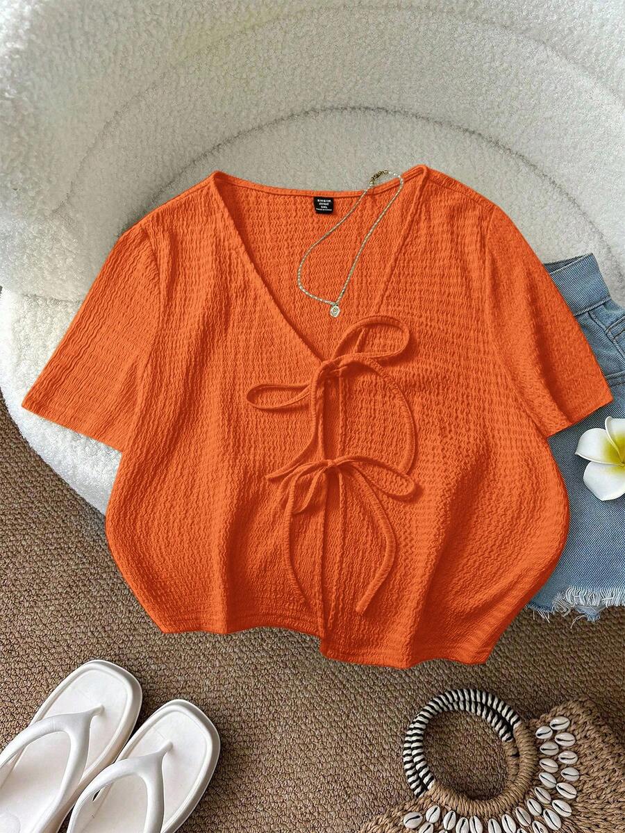 SHEIN LUNE 大码女式V领扭结休闲百搭短袖上衣 - 橘色 - 查看 1