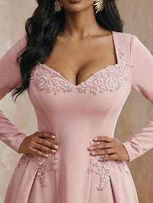 Anewsta Women's New Elegant Lace Applique Puff Sleeve Blue Dress - Pink - View 7