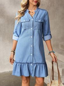 EMERY ROSE Women's Casual Vacation & Commute Denim Dress With Notched Neck, Roll Tab Sleeves, Ruffle Hem And Flap Pockets, Suitable For Spring, Summer And Autumn - Blue - View 6