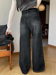DAZY Quần jeans ống đứng lót giữ nhiệt dành cho nữ, quần jeans ống rộng dáng ôm cạp cao kiểu vintage, thích hợp cho mùa Thu/Đông. - màu đen - Xem 2