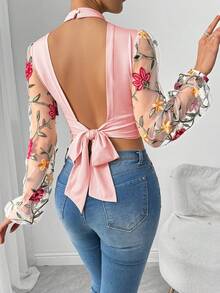 Chiquease Floral Embroidery Mesh Long Sleeve Stand Collar Top - Pink - View 5