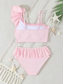 SHEIN Tween Girls Bikini Sets, Blue & White Striped Cute Ruffled Asymmetric Shoulder Adjustable Strap Ruffled Trim Triangle Swimsuit 2-Piece Swimwear Set - Pink - View 2