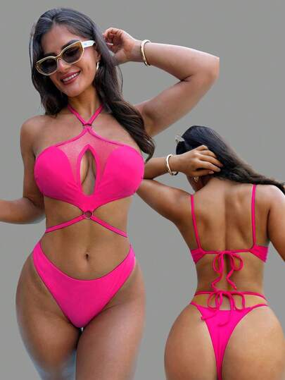 Swim SXY Women's One-Piece Swimsuit, Shiny Mesh Bikini Thong Swimwear, Sexy Beach Swimsuit, Halter Style, Fuchsia, Spring/Summer
