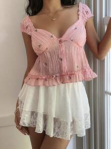 Sunnyshic Camisa corta de mujer de manga corta con abertura frontal, bordada, con volantes y de estilo casual, versátil y dulce para vacaciones y uso diario, en color rosa, para primavera/verano - Rosa - Ver 6