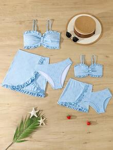 3 件套女童夏季海滩度假泳衣套装，可爱荷叶边纯色浅蓝色特殊面料 - 藍色 - 查看 1