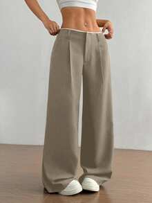 TRNVIE 女士夏季复古新款百搭通勤商务直筒裤，腰部拼接高端设计修身灰卡其色长裤，适合办公室和工作场合穿着。 - 灰色 - 查看 4