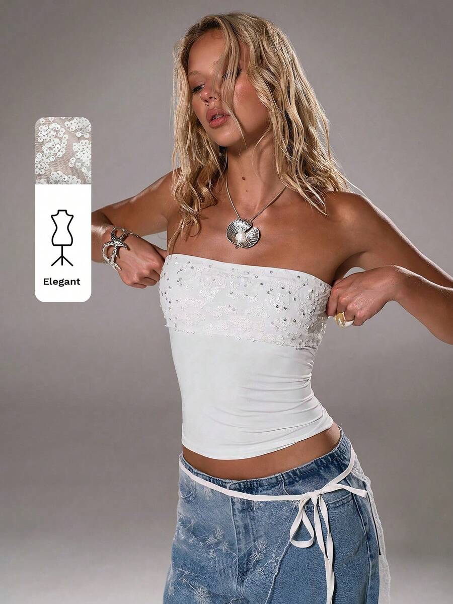 TRNVIE 1pc White Crop Top With Sequin Patchwork, Backless, Elastic Waist, Sexy Clubwear For New Year Party, Romantic Party, Gathering - White - View 1