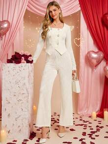 Amorya 女士优雅新款针织提花收腰上衣和裤子两件套 情人节套装 女士优雅裤装套装 女士两件套服装 女士裤装两件套 奶油色两件套 春假服装 奶油色上衣 奶油色套装 女士白色开衫 开衫嘉年华服装 女士适合春夏嘉年华的白色套装 女士两件套休闲套装 女士裤装夏季套装 婚礼裤装 - 杏色 - 查看 2