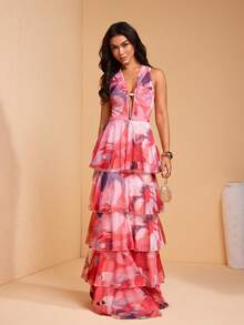 JIAN LASALA Đầm maxi nữ xếp lớp, họa tiết hoa toàn thân, chất liệu lưới, cổ chữ V sâu, tay áo cài khóa kim loại. - Màu Hồng Tươi - Xem 6
