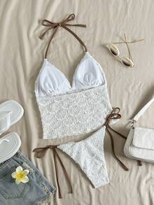 Zestiva Swim Mod 2-Piece Textured Solid Spaghetti Strap Tankini Top And Side Tie Swim Bottoms Sexy Spaghetti Strap Bikini Set - White - View 4