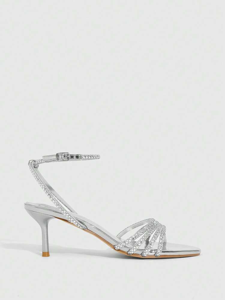 CUCCOO SZL Women Shoes Silver New Heel With Round Toe Rhinestone Design, Elegant, Sweet And Romantic; Metal Leather Women's High Heels Sandals, Footwear, Dress Shoes, Afternoon Tea, Dating, Fashion Parties, Workplace Wear, Elegant Dress, Basic Versatile Models, Suitable For Halloween Prom Heels