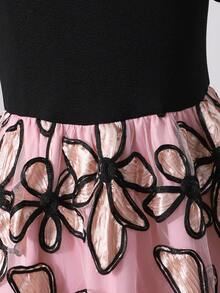 1pc Tween Girls' Black & Pink Jacquard Dress,Puff Sleeve,Faux Pearl Collar,A-Line,Black Floral,Autumn,Elegant,Wedding Guest Party Wear For Teens Girl - Black - View 7