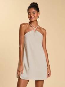 Travachic 女士纯色露背系带休闲度假约会迷你连衣裙，春夏度假装，夏季连衣裙，沙滩裙，女士沙滩装，女士度假装，女士休闲连衣裙，亚麻材质 - 杏色 - 查看 5