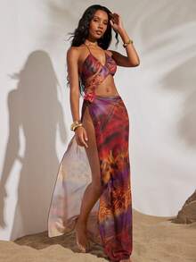 Opulessa Spring & Summer Vacation Beach Sexy Knitted Mesh Printed Slit Dress For Women - Multicolor - View 3