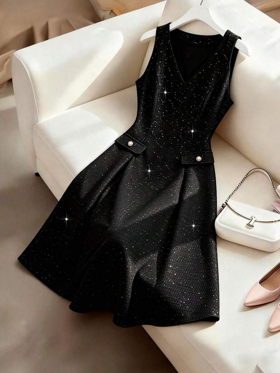 GlowEve CURVE Vestido elegante brillante con cuello en V para mujer de talla grande, adecuado para graduación, vacaciones, Día de San Valentín, festivales de música, Día de la Madre, Halloween, Acción de Gracias, Pascua, baile de graduación, citas, temporada de bodas, viajes al aire libre - Negro - Ver 1