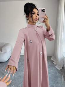 Yasmyna 女士纯色立领亮片装饰长袖优雅阿拉伯风格连衣裙 - 粉色 - 查看 4