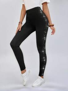 Miaspire Women Sparkle Printed Casual Leggings - Black - View 3