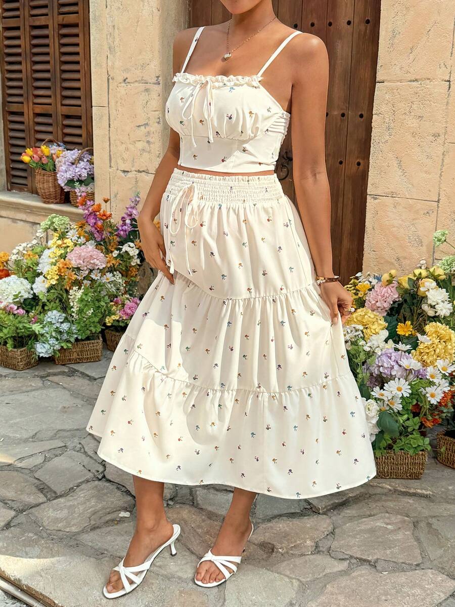 SHEIN 2pcs Maternity Ditsy Floral Frill Trim Camisole And Skirt Casual Set Summer Summer Skirt Set Cream Two Pieces Set Boho Two Pieces Set Vacation Woman Baby Shower - Multicolor - View 1