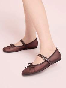 CUCCOO DOLLMOD Giày bệt nữ mũi tròn, thoải mái, màu hồng có nơ, thời trang và thanh lịch, thích hợp cho kỳ nghỉ xuân hoặc lễ Phục sinh. - Sợi lưới màu đỏ rượu vang - Xem 5