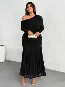 Firerie 大码女士优雅长袖不对称领口针织连衣裙，腰部褶裥设计，适合派对、日常穿着、晚礼服等场合，秋季、返校季、教师装、约会、四季皆宜，优雅百搭，适合通勤、聚会、派对、婚礼季、毕业典礼、舞会、演出、音乐会、工作、返校季、年会、女士生日、假日等各种场合。 - 黑色 - 查看 6