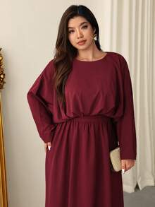 Firerie Vestido largo de línea A con cuello redondo, cintura fruncida, cintura alta, manga de murciélago y manga larga, elegante, exquisito, romántico y encantador para fiesta de Año Nuevo, baile, cita de San Valentín, talla grande, color morado rojo - Rojo violeta - Ver 4