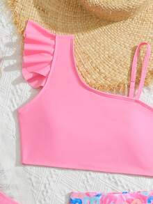 SHEIN 少女夏季度假沙滩荷叶边比基尼套装，含罩衫和裙子 - 粉色 - 查看 4