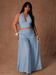 Rustia Bộ đồ nữ cỡ lớn gồm áo tank top cổ yếm chấm bi và chân váy xếp ly eo, phong cách Pháp cổ điển, thích hợp cho kỳ nghỉ hè ở bãi biển. - Màu xanh nhạt - Xem 4