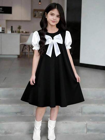 Elladie kids 少女蝴蝶装饰圆领短泡泡袖可爱连衣裙